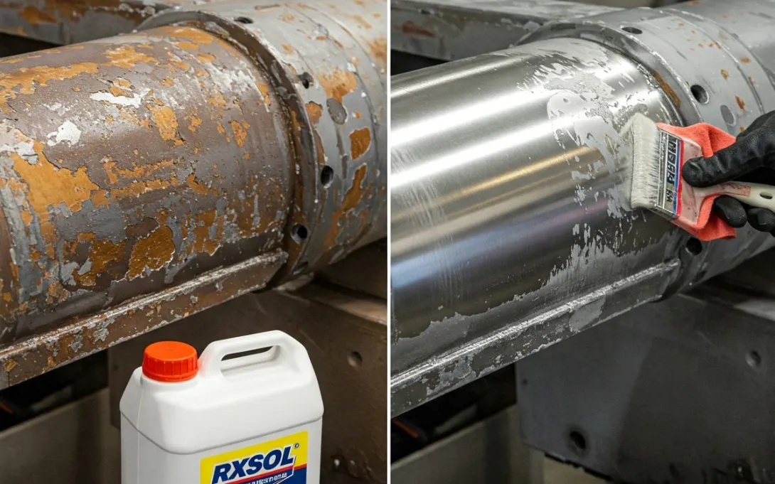 Before and after cleaning a corroded steel shaft with an RXSOL product